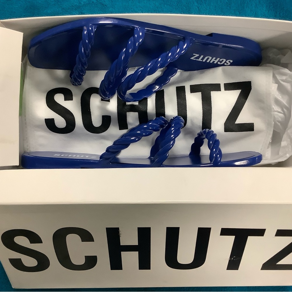 SCHUTZ Diana in Royal Blue Braided Flat Jelly Sandals